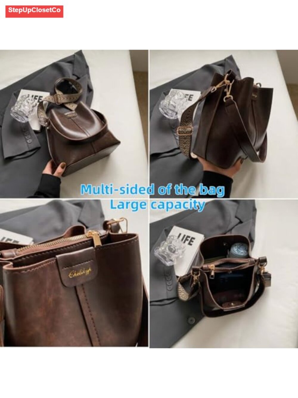 Large Capacity Vintage Bucket Crossbody Bag for Women Adjustable Strap Travel - Picture 6 of 6